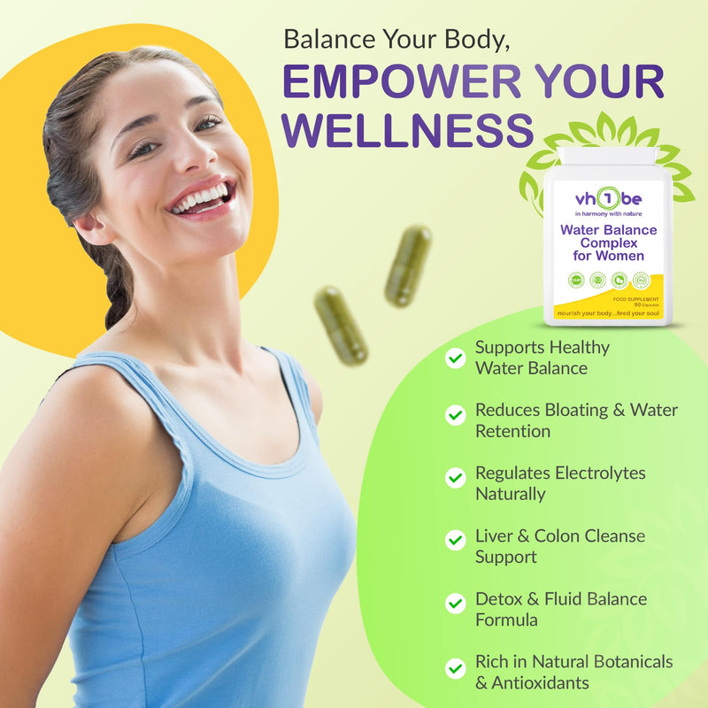 Water Balance Complex for Women - Water Tablets for Swollen Legs & Ankles - Natural Bloating & Fluid Retention Relief - Anti Bloat Detox & Electrolyte Balance - 90 Vegan Capsules