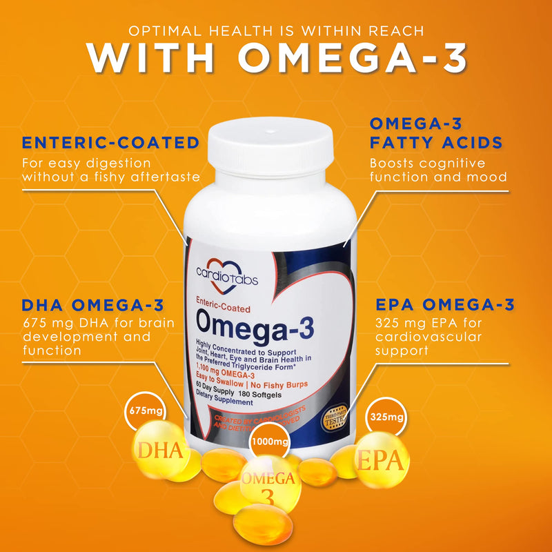 Omega-3 Enteric-Coated Fish Oil Supplements, Triglyceride Form, 1100 mg Total Omega-3 Fatty Acids, Non-Dairy and Gluten-Free, Special Enteric Coated Softgels for No Fishy Burps - 180 Count