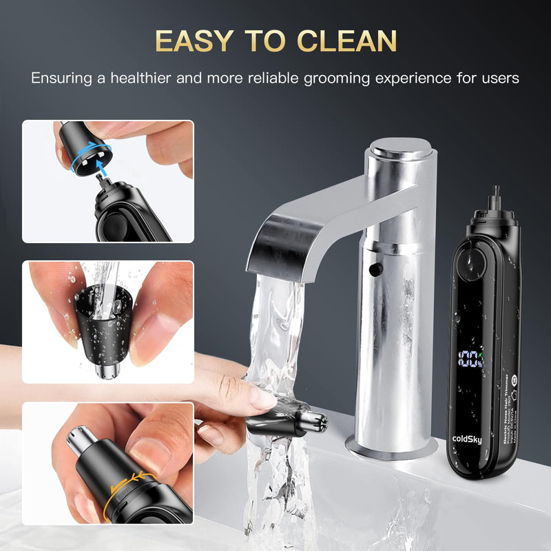 coldSky Ear & Nose Hair Trimmer with LED Display for Men Women - Professional Painless Eyebrow & Facial & Nose Hair Trimmer, USB Rechargeable, Dual-Edge Blades for Smoother Cutting Black