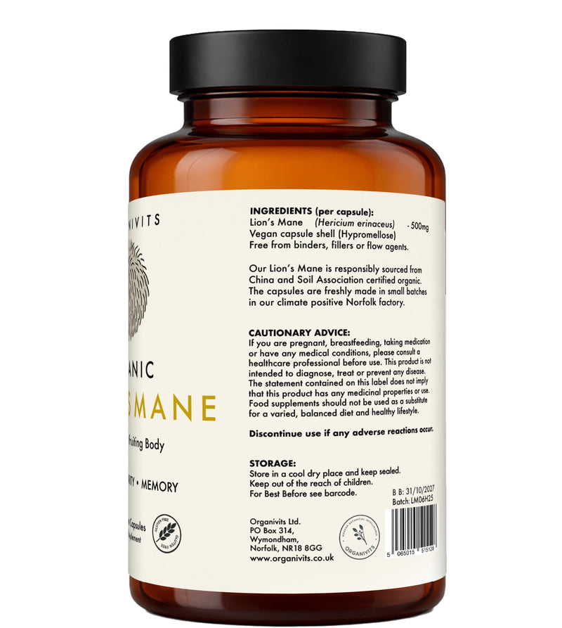Organic Lion's Mane Capsules 500mg | 100% Pure Fruiting Body Hericium Erinaceus | Cognitive Function & Focus | 60 Vegan Capsules | Soil Association Certified | No Mycelium or Fillers