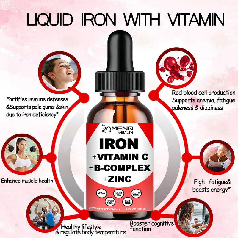 Liquid Iron Supplement for Women, Boost Iron Levels, Stomach Friendly Iron | High Absorption Liquid Iron Drops for Red Blood Cells & Immune Support, Slow Release Liquid formula w/Vitamin C, A, B-Complex Strawberry 2 Fl Oz (Pack of 1)