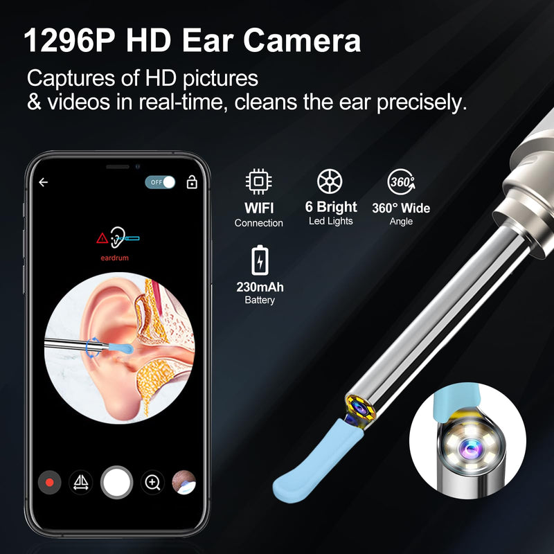 [Australia] - Ear Wax Removal, Ear Cleaning kit with 1296P Camera, Ear Camera with 6 LED Lights, Earwax Remover Tool for iPhone, iPad & Android, Ear Cleaner Earwax Removal Kit Black Normal 