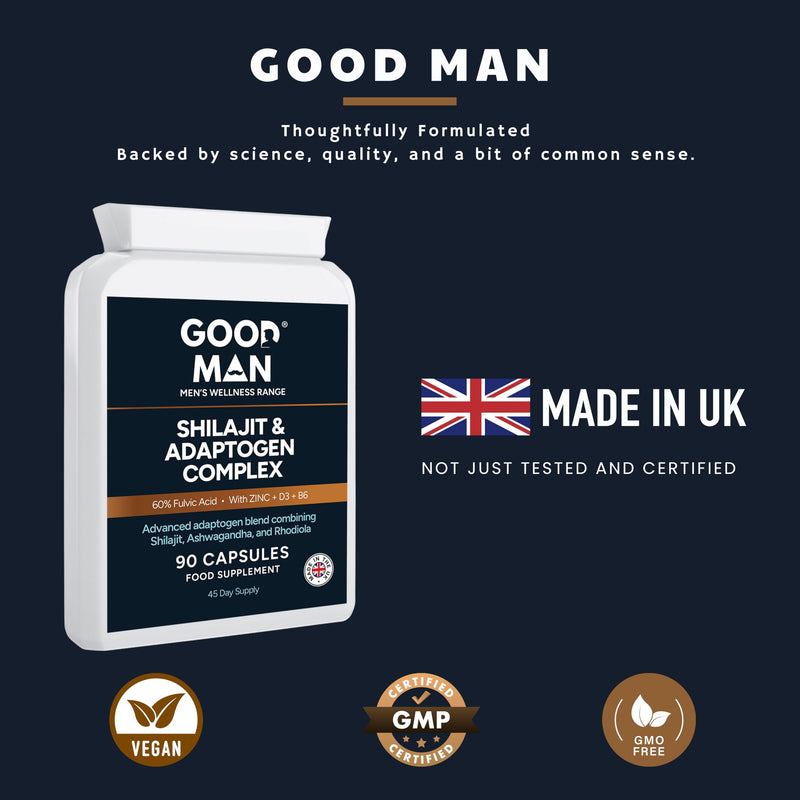 Good Man Shilajit Complex Capsules | 60% Fulvic Acid with Ashwagandha, Rhodiola, Zinc, Vitamin D3 & B6 | Adaptogen Supplement for Energy & Cognitive Support | Veg | 90 Capsules | UK Manufactured