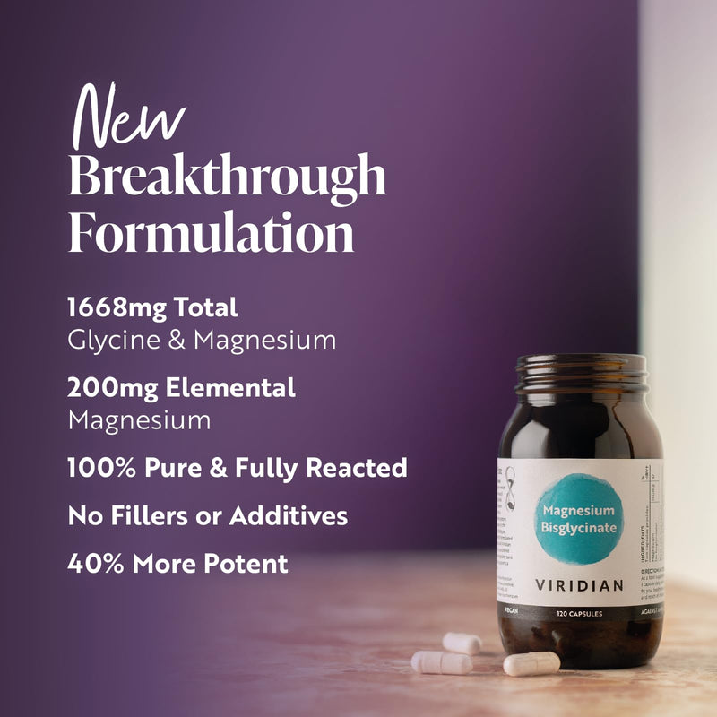 Viridian - High Potency Magnesium Bisglycinate - 120 Capsules – 200mg Per 2 Capsules – High Bioavailability Formula – Vegan Food Supplement with 100% Active Ingredients 120 count (Pack of 1)