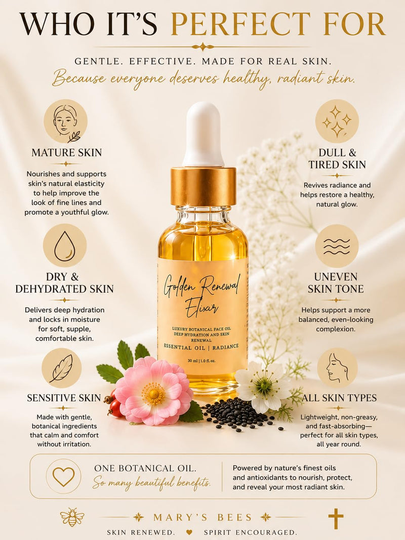 Bodji Golden Renewal Elixir Face Oil for Mature Skin, Hydrating Organic Face Oil, Rosehip Oil, Black Seed Oil, Evening Primrose Oil, Sweet Almond Oil & Vitamin E, Lightweight Serum for Dry, Aging Skin