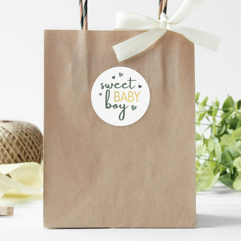 [Australia] - Green It’s a Boy Baby Shower Stickers, Greenery Sweet Baby Boy, 1.75 in. Round Favor Bag Labels - 40 Count 