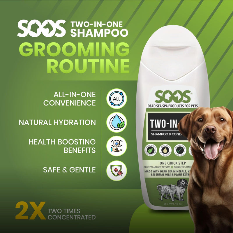 Soos Pets Two-in-One Shampoo Plus Conditioner for Dogs & Cats | 2-in-1 Natural Dead Sea Minerals | Cleansing & Moisturizing Formula | Gentle on Skin, Promotes Soft Shiny Coat - 250ml - PawsPlanet Australia