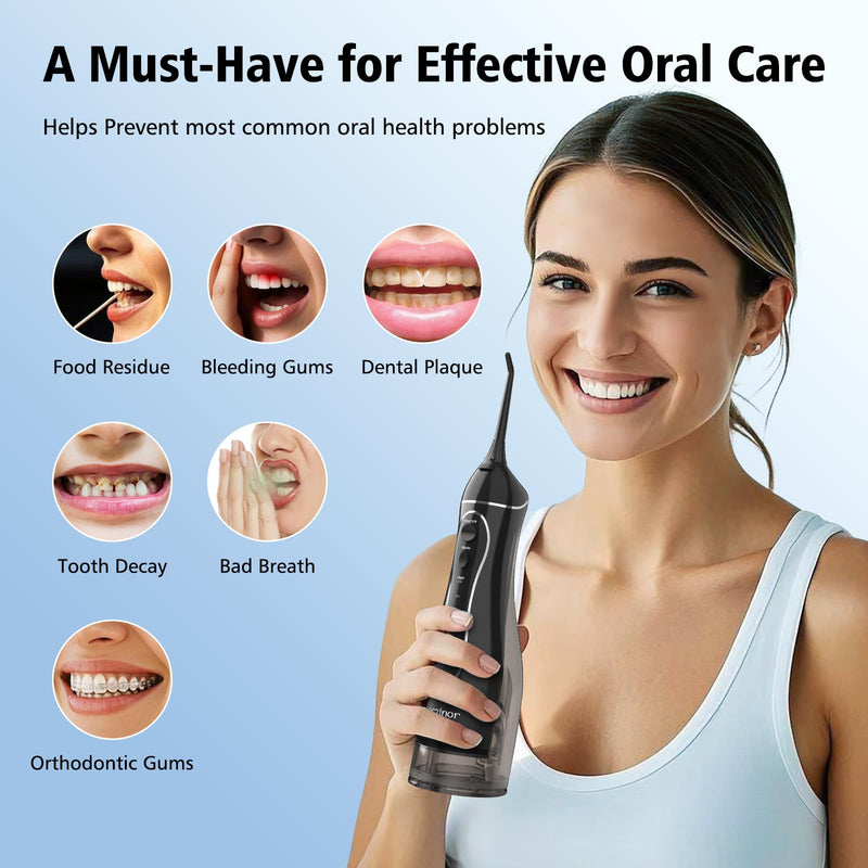 [Australia] - Leominor Water Flosser Pick for Teeth, 300ML Portable Oral Irrigator Upgraded Tank Removable,IPX7 Waterproof, Rechargeable Travel Teeth Cleaner, Professional Electric Flossing Machine (Black) Black 