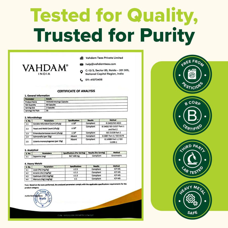 VAHDAM Moringa Capsules 1100mg | Supports Wellness and Vitality | Source of Plant Based Nutrients and Antioxidants | High Strength Green Superfood Supplement | 90 Veg Capsules