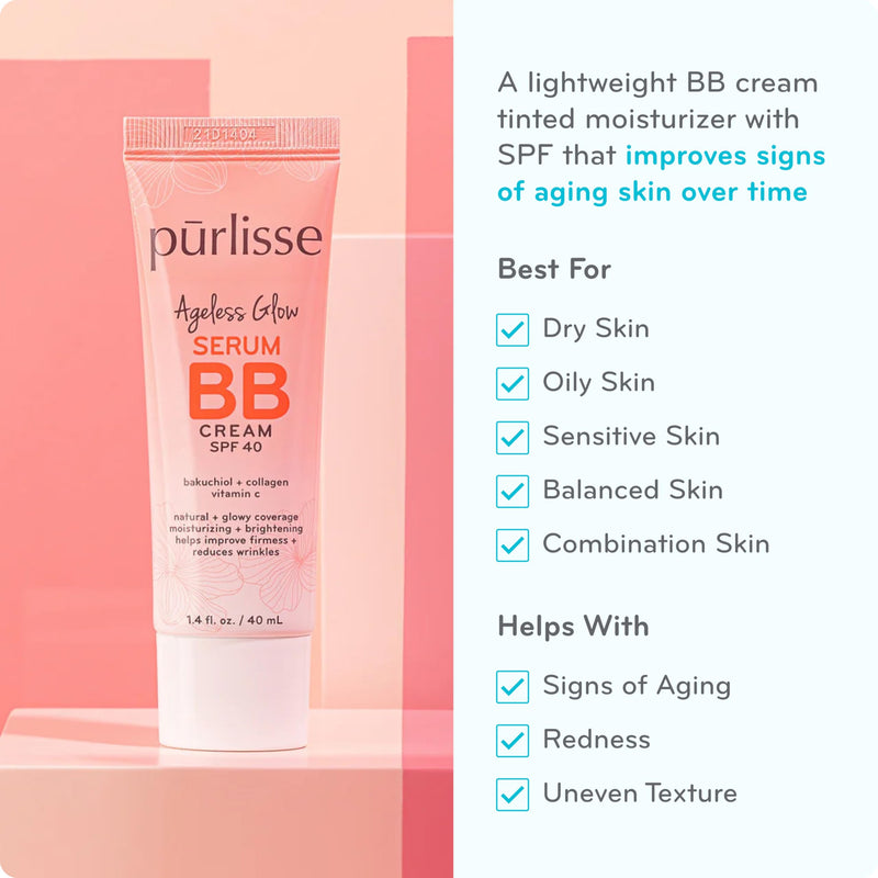 pūrlisse Ageless Glow Serum BB Cream SPF 40 - Glowy Tinted Moisturizer with SPF - Korean Skin Care Formula with Vitamin C & Bakuchiol to Firm, Brighten & Even Skin - Medium (1.4 oz) 1.4 Ounce (Pack of 1)