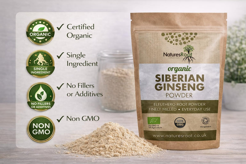 Natures Root Organic Siberian Ginseng Powder 500g - Boost Stamina & Immunity | Vegan | Non GMO | Raw 500 g (Pack of 1)
