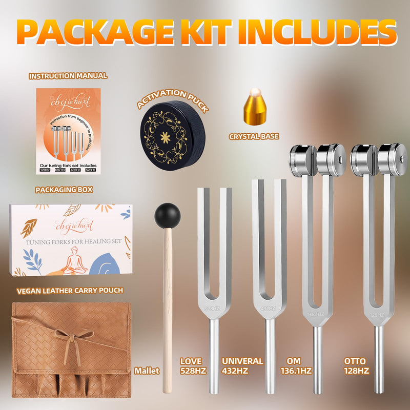 Tuning Forks for Healing(128Hz, 136.1Hz, 432Hz, 528Hz),Medical-Grade Weighted & Unweighted Tuning Forks Set with Vegan Leather Pouch &Activator, for Chakra/Sound Therapy/Yoga/Meditation