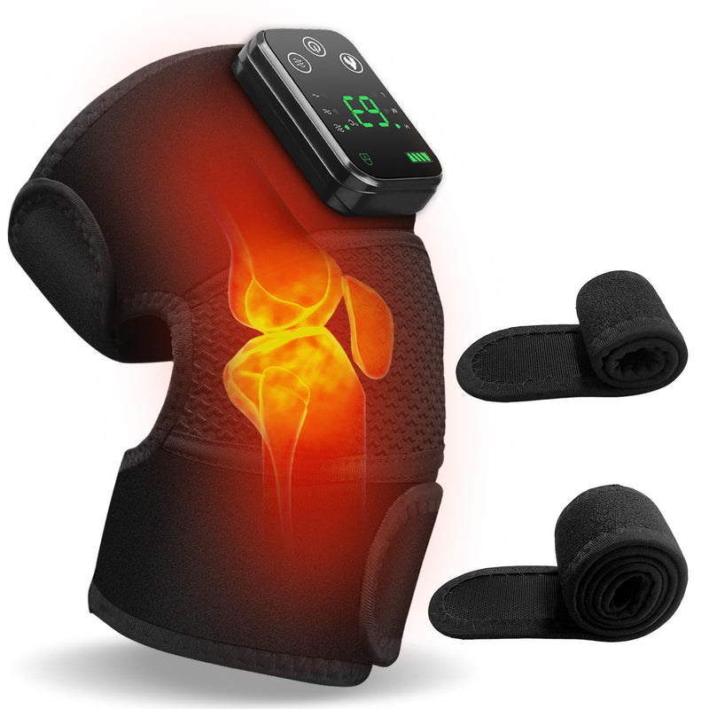 Cordless Knee Massager with Heat and Vibration for Pain Relief - Electric Heated Knee Brace Wrap with 3 Heat Levels & 3 Massage Modes, Portable Arthritis Joint Therapy for Men & Women (Black, Single) 1PC