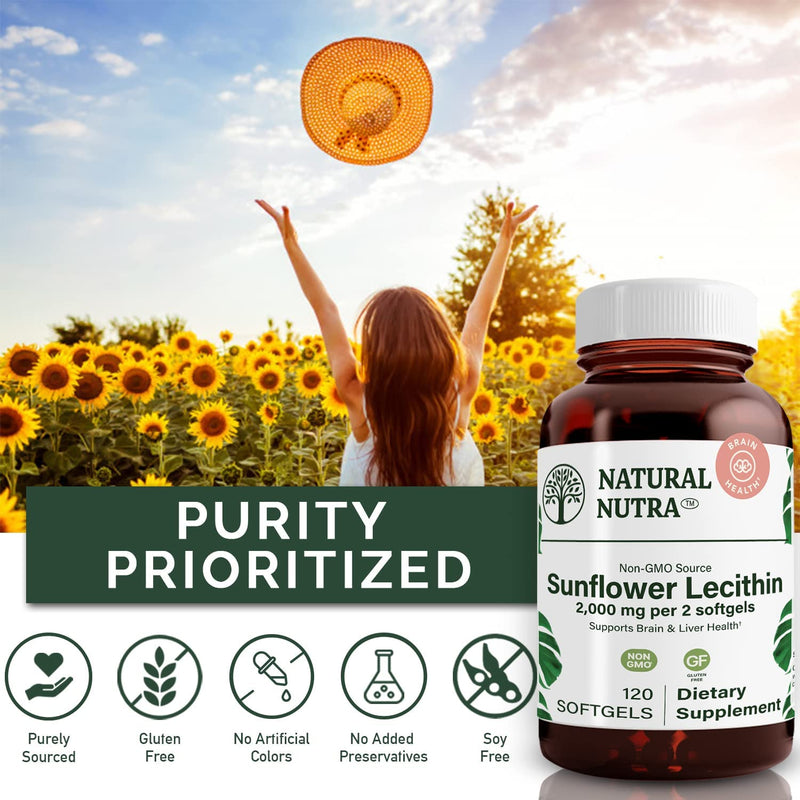 [Australia] - Natural Nutra Sunflower Lecithin Supplement 2000 mg, Helps to Improve Liver Function, Memory Booster, Promotes Brain Health and Focus and Concentration, Non-GMO, Gluten Free, 120 Softgels 120 Count (Pack of 1) 