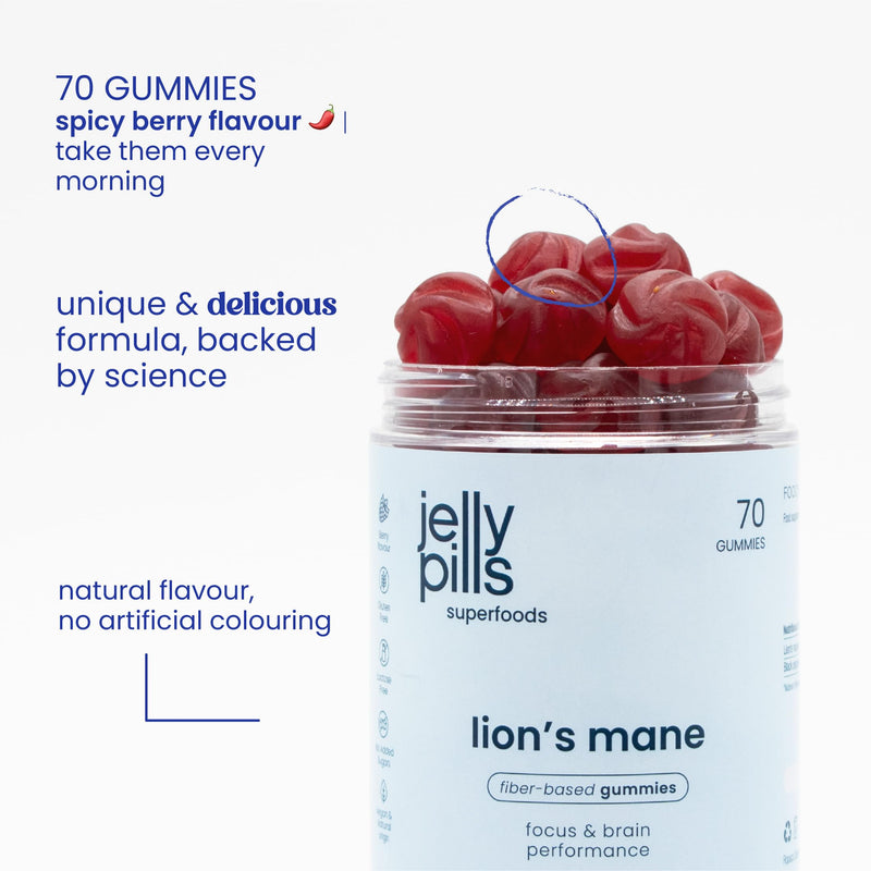 Jelly Pills Lion's Mane Gummies with Black Pepper - 70 Vegan Gummies - No Added Sugar - Berry Flavour - Focus, Concentration & Mental Clarity