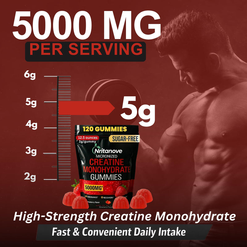 Sugar-Free Creatine Monohydrate 5000mg Gummies, 120 Count, Strawberry Flavour, High-Strength Creatine Gummy Supplement for Workout & Gym Support for Men & Women