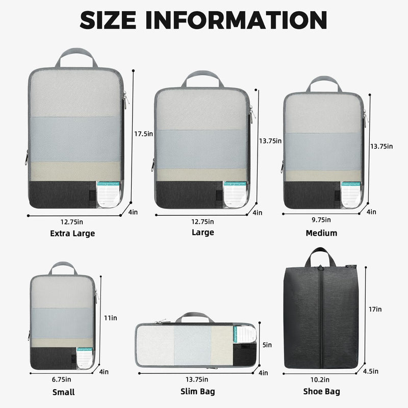6 Set Lightweight Compression Packing Cubes with Packing List, Anti-Tearing Expandable Organizer Bags for Travel, (Dark Grey) Dark Grey