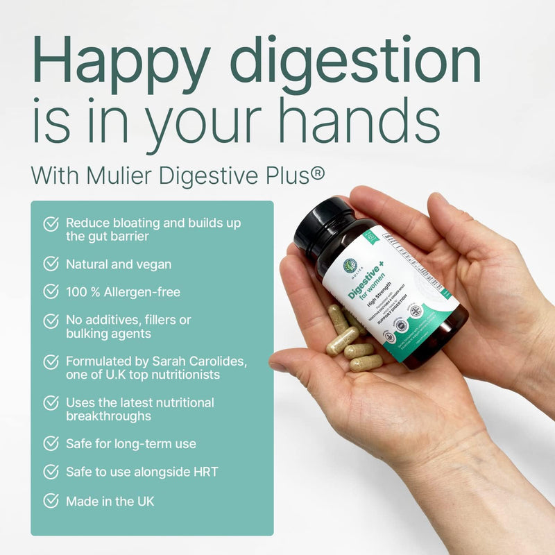 Mulier Menopause Bloating Relief, Digestive Enzyme Supplement, 10 Active Ingredients + Digestive Enzymes, Allergen Free & Vegan Friendly, 1 Month Supply, 60 Count, Gut Health