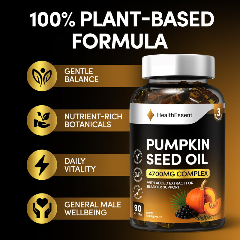 HealthEssent Pumpkin Seed Oil & Extract Capsules 4700mg Complex, Curcubita Pepo Omega 6 & 9 - High Strength Pumpkin Seed Oil for Hair & Prostate Support, Vegan & Non-GMO - 90 Softgels