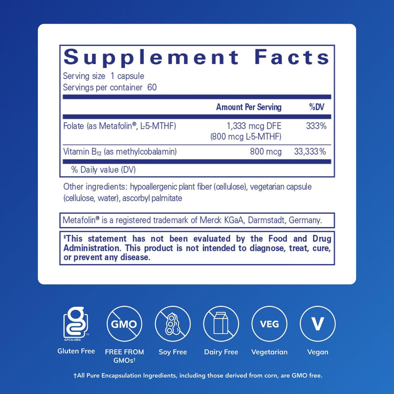 Pure Encapsulations B12 Folate - Energy Supplement to Support Nerves, Energy Metabolism & Cognitive Support* - with Vitamin B Folate as Metafolin - 60 Capsules | Energy Supplement to Support Nerves, Energy Metabolism and Cognitive Function Support*, wi...