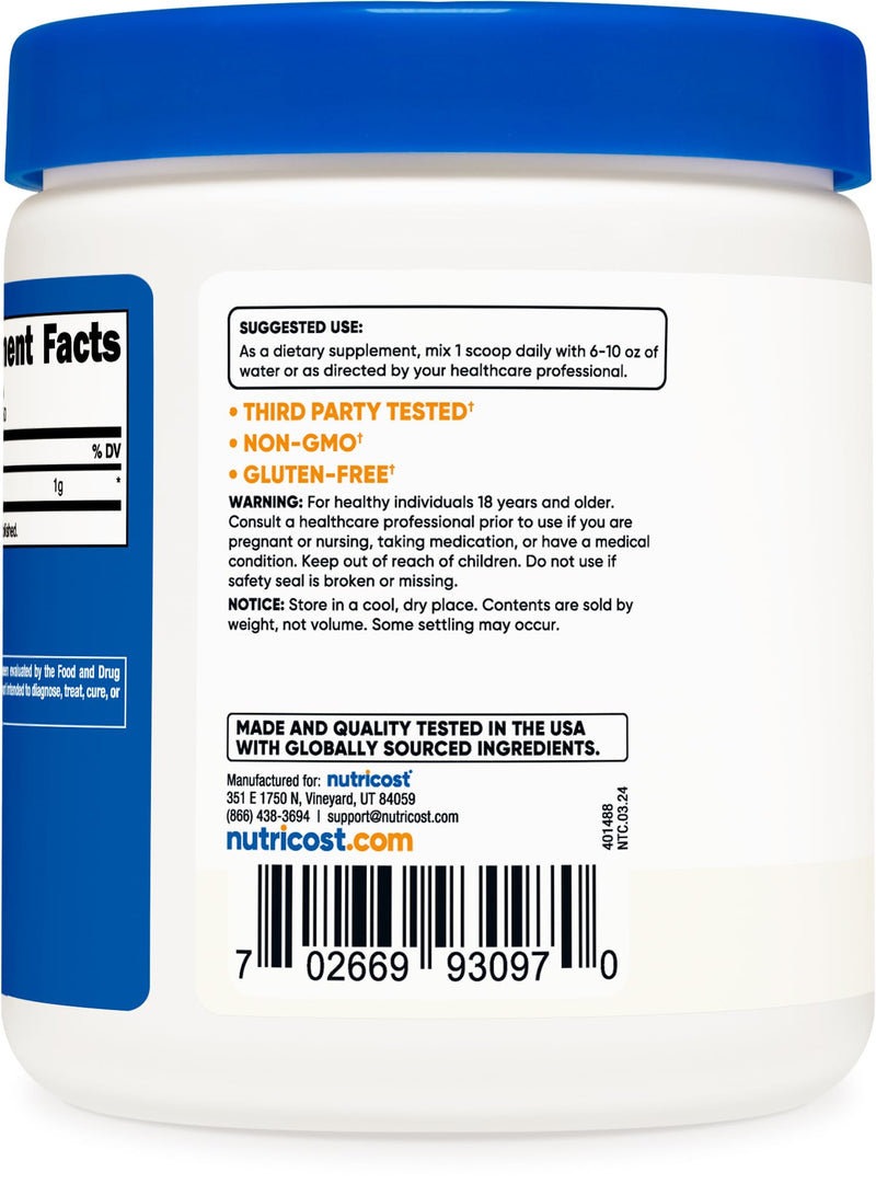 Nutricost Acetyl L-Carnitine (ALCAR) 250 Grams Powder - 1G Per Serving - 250 Servings No Flavor Added 250 Servings (Pack of 1)