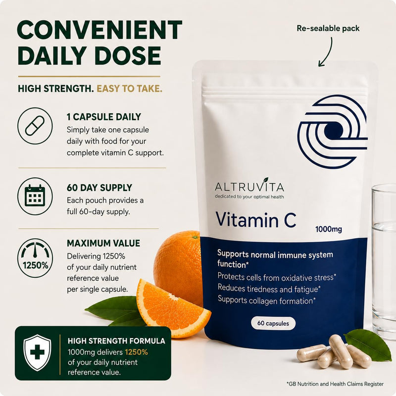 Vitamin C Supplement 1000mg, High Strength, High Absorption, Supports Immune Health, Antioxidant Protection, Reduces Fatigue, 60 Capsules, 2-Month Supply Vegan, Made in the UK 1000mg per capsule (Pack of 60)