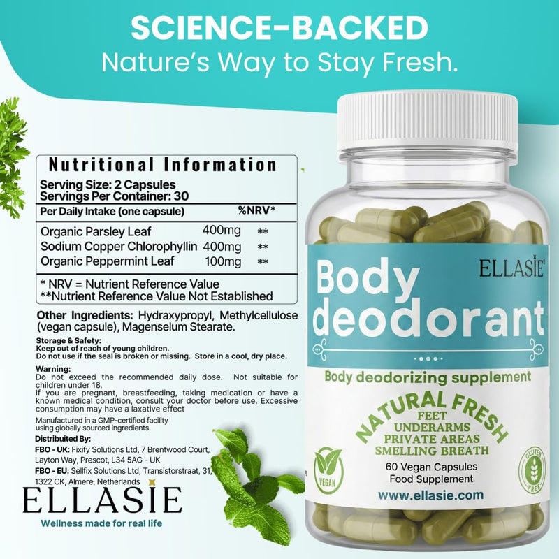 Internal Deodorant Supplement – Full Body Deodorizer for Gut Health, Skin Health, Detox & Digestion Support – Natural Odor Control Chlorophyll Pills for Head-to-Toe Freshness | 60 Capsules