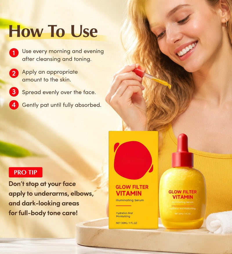 2PCS Glow Filter Vitamin Illuminating Serum | Hydration & Moisturizing Face Serum | Brightening Vitamin C & Hyaluronic Acid for Radiant Glow | Dark Spot & Uneven Tone Care, 1 Fl.Oz (30ml)