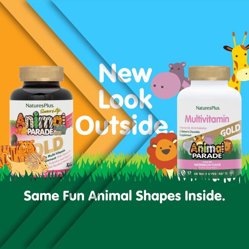 [Australia] - Natures Plus Animal Parade Gold Multivitamin Children’s Chewables - Watermelon Flavor - 120 Animal-Shaped Tablets - Vitamin D3, K2 & Probiotics - Vegan, Gluten Free - 60 Total Servings 1 