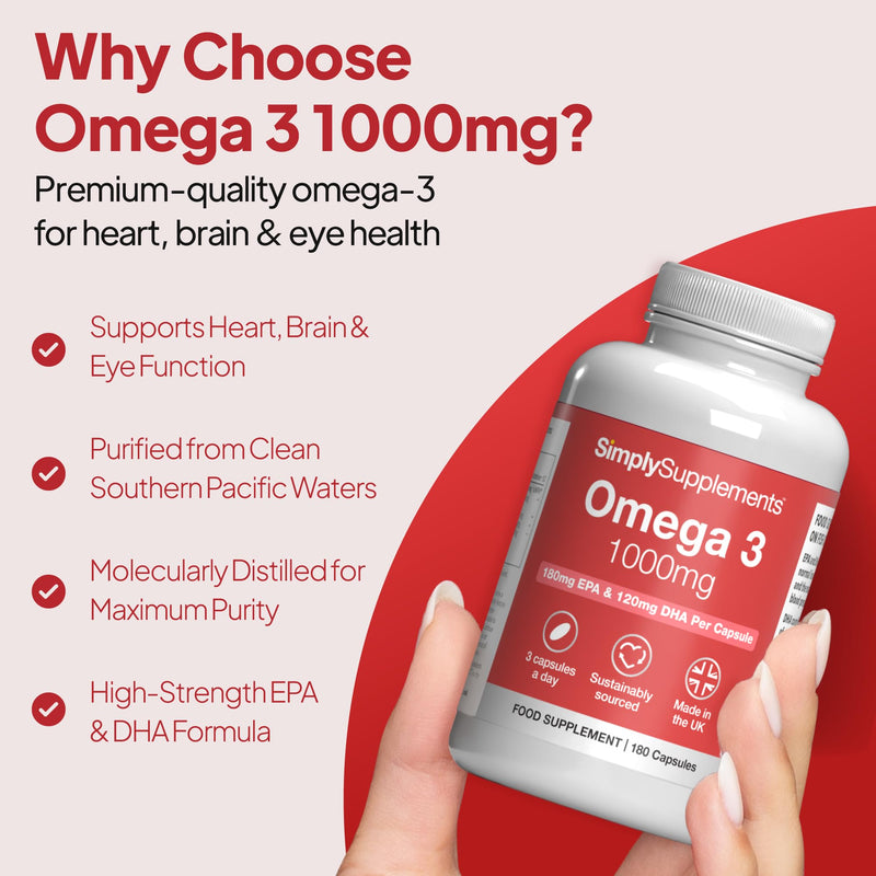 Pure Omega 3 1000mg Capsules | Supports Heart, Brain & Eye Health | Rich in Omega 3 Fatty Acids | 540mg of EPA and 360mg of DHA per Serving | 180 Capsules = 2 Months’ Supply | Made in The UK Unflavoured 1 count (pack of 180)