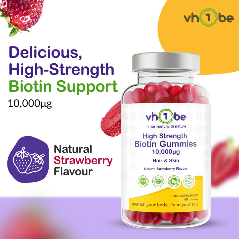 Biotin Gummies 10000mcg Per Serving – 60 High Strength Vitamin B7 for Hair Growth, Skin & Energy Support | Natural Strawberry Flavour Biotin Supplement | Vegan Hair Gummies by vh1be 60 count (Pack of 1)