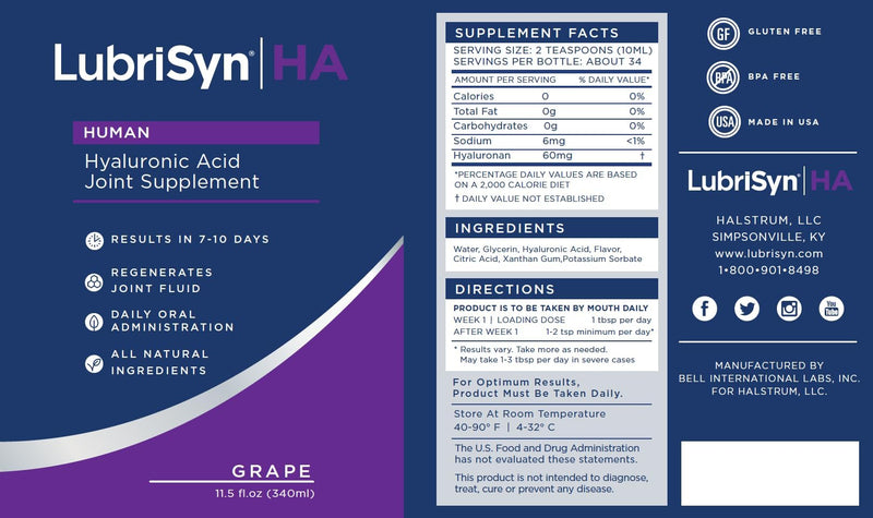 [Australia] - LubriSynHA Joint Supplement, Grape Flavor, 11.5oz ‚Äì All-Natural, High-Molecular Weight Hyaluronic Acid - Joint Support for Women & Men ‚Äì Promotes Healthy Joint Function, Made in USA, 100% Vegan 