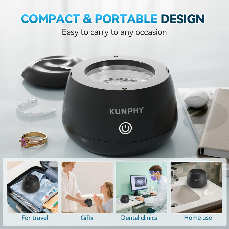 [Australia] - KUNPHY Ultrasonic Retainer Cleaner, 48kHz Denture Cleaner Machine with Cleaning Tablets, Water-Proof Dental Cleaning Pod for Deep Cleaning Night Guard, Mouth Guard, Aligner, Jewelry, Black 