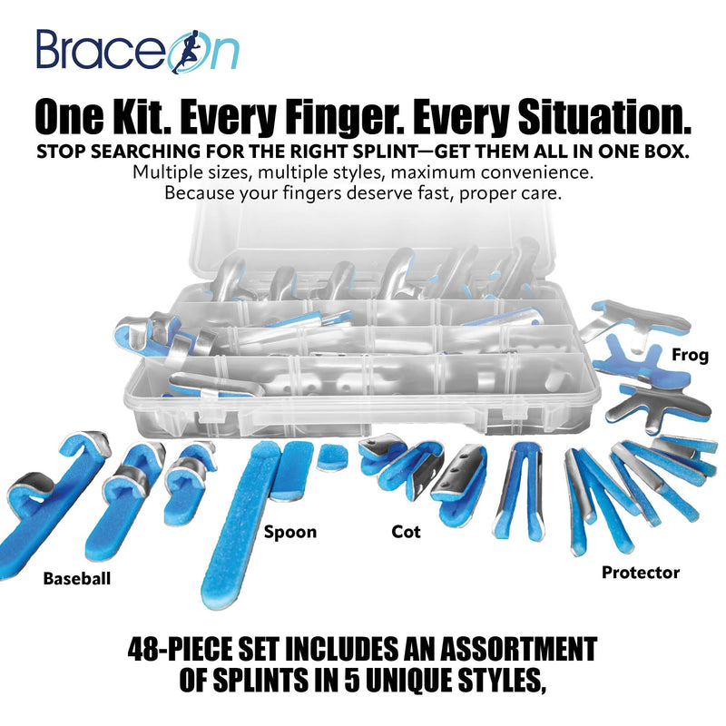 [Australia] - Brace On 48-Piece Thumb and Finger Splint Kit Hand Injury Splints, Comfortable Foam Support, Metal Splinting, 5 Assorted Styles, Thumb Brace, Finger Cots, Thumb Splint and Finger Spint and Braces 