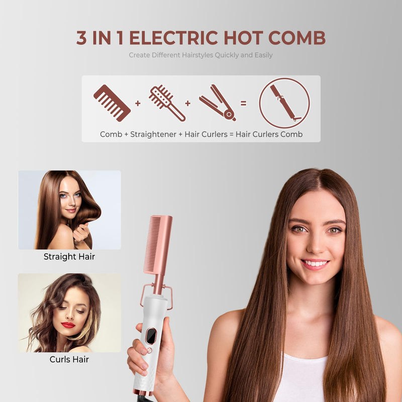 Hot Comb,Electric Hot Comb for Wigs Human Hair with 12 Temp Settings,110-240V Straightening Comb for Black Hair,Heating Up to 450°F Pressing Combs White