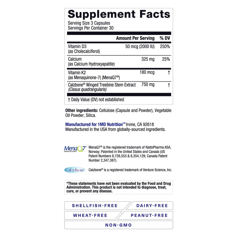 [Australia] - 1MD Nutrition OsteoMD for Comprehensive Support - Supplement for Women and Men - Promote Density w/Vitamin D - Hydroxyapatite w/Vitamin D3 & K2-90 Capsules 90 Count (Pack of 1) 