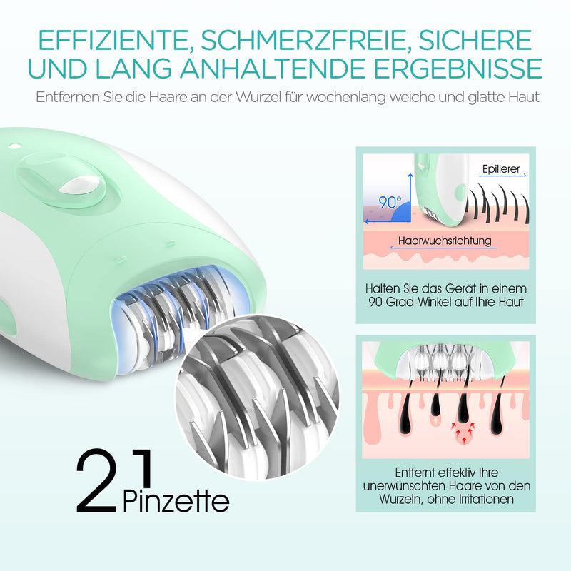 [Australia] - VOGOE Women's Epilator for Hair Removal, Body Epilator 4 in 1 Electric Wireless, 21 Tweezers for Face Legs Arms Bikini, HR310 Green 