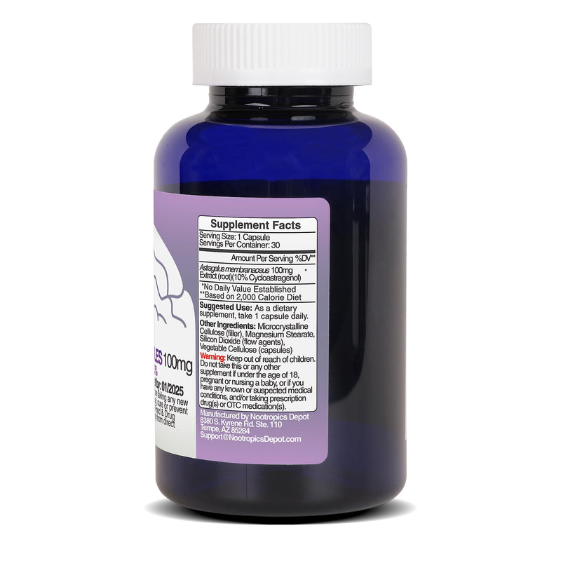 [Australia] - Nootropics Depot Cycloastragenol 10% Capsules | 100mg | 30 Count | Astragalus membranaceus | Cellular Health, Immune Support, Lengthens Telomeres 30 Count (Pack of 1) 