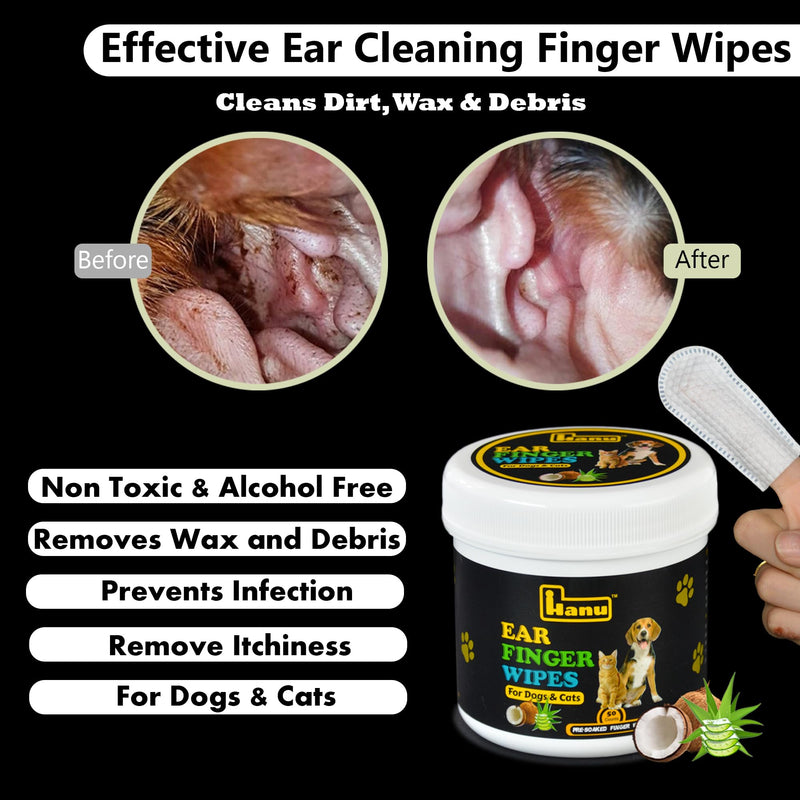 Hanu Ear Finger Wipes for Dogs & Cats Gently Remove Dirt, Wax & Debris - Relieve Ear Itching & Discomfort, Sooths & Deodorizes - All Natural Ingredients - Vet Recommended - 50 Count - PawsPlanet Australia