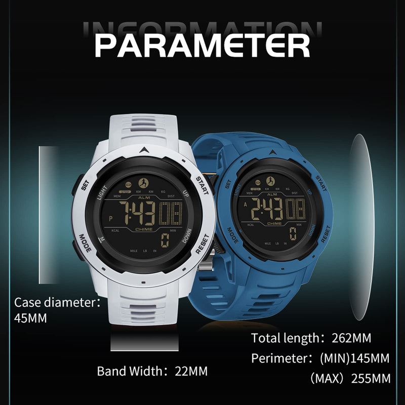 [Australia] - Men's Digital Watch Waterproof Pedometer Watches Sport Watch Step Counter Calorie Military Watch with Stopwatch Alarm LED Backlight Countdown blue 