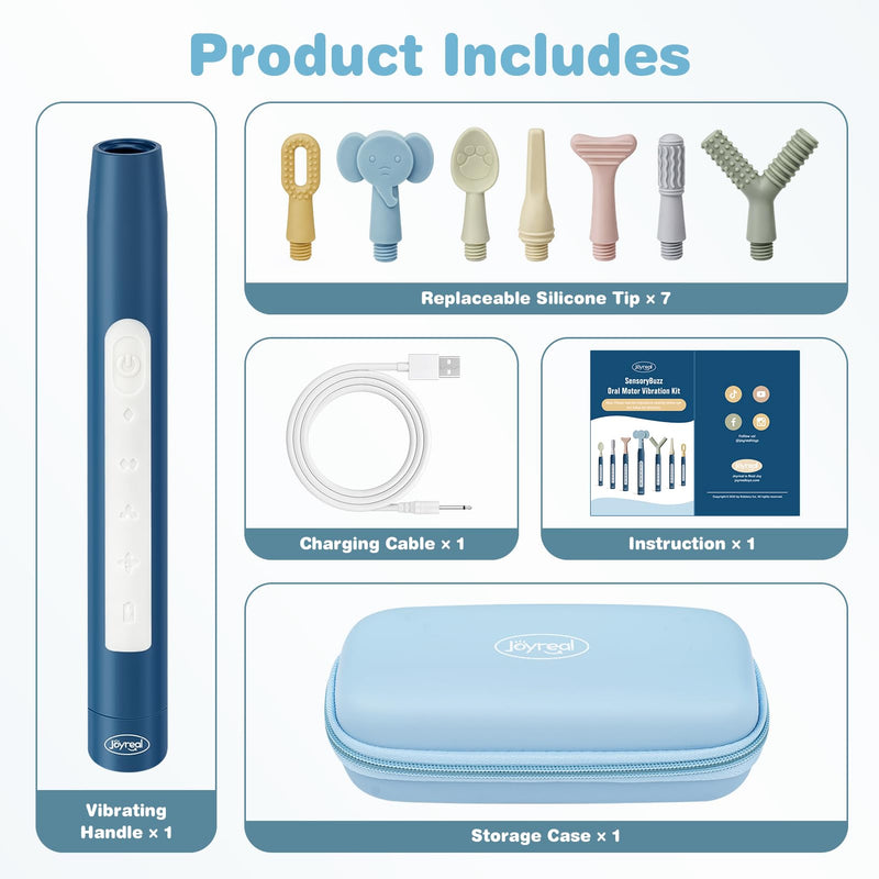 Joyreal SensoryBuzz Oral Motor Vibration Kit with 7 Textured Silicone Heads | Rechargeable, 4 Modes Vibrating Teether, Autism Sensory Products, Speech Therapy Tools, Stimulate Self Feeding, Sensory Needs