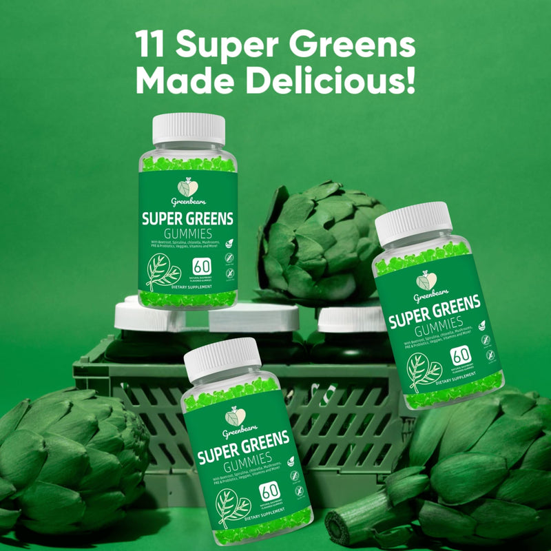 Super Greens Gummies – Daily Greens Supplement with Spirulina, Chlorella, Wheatgrass & Probiotics – Natural Energy, Immune & Digestive Support – Vegan, Non-GMO, 60 Gummies
