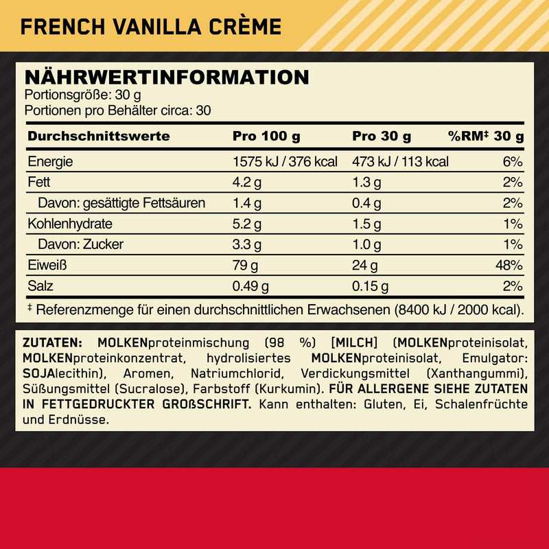 [Australia] - Optimum Nutrition Gold Standard 100% whey protein powder for muscle building and regeneration with naturally occurring glutamine and BCAA amino acids, French Vanilla, 30 servings, 900 g French Vanilla Crème 30 servings (pack of 1) 
