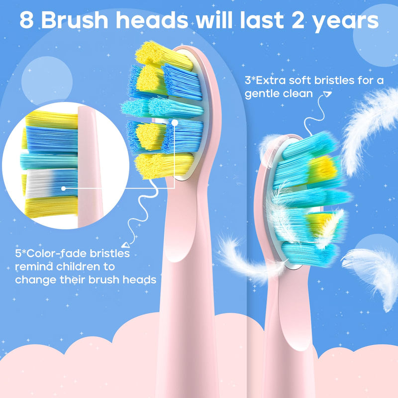 [Australia] - SEAGO Kids Electric Toothbrush, Rechargeable Sonic Soft Bristle Toothbrushes with 8 Brush Heads, DIY Stickers and 5 Modes, Ideal for Kids and Children, Ages 3–12 (Pink) Pink 