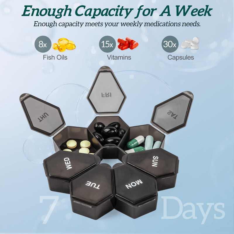 [1Pack] 7-Day Weekly Pill Organizer,Daily Vitamin Case,Pill Box Black | [Pill Box for Medication Management]