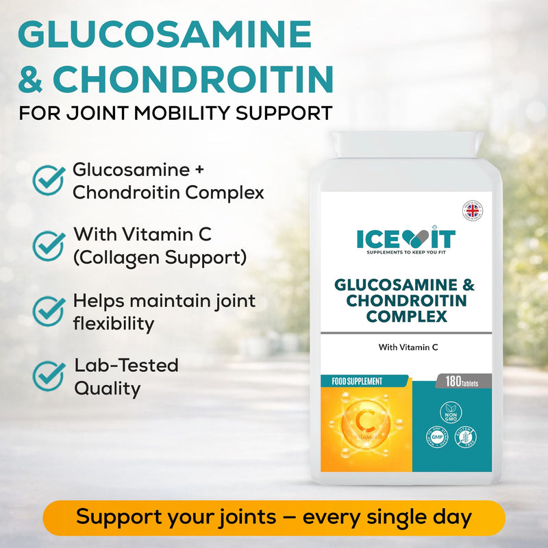 Glucosamine & Chondroitin Complex with Vitamin C – 180 Capsules – Joint Support Supplement – Glucosamine Sulphate & Chondroitin for Cartilage and Mobility – UK Made