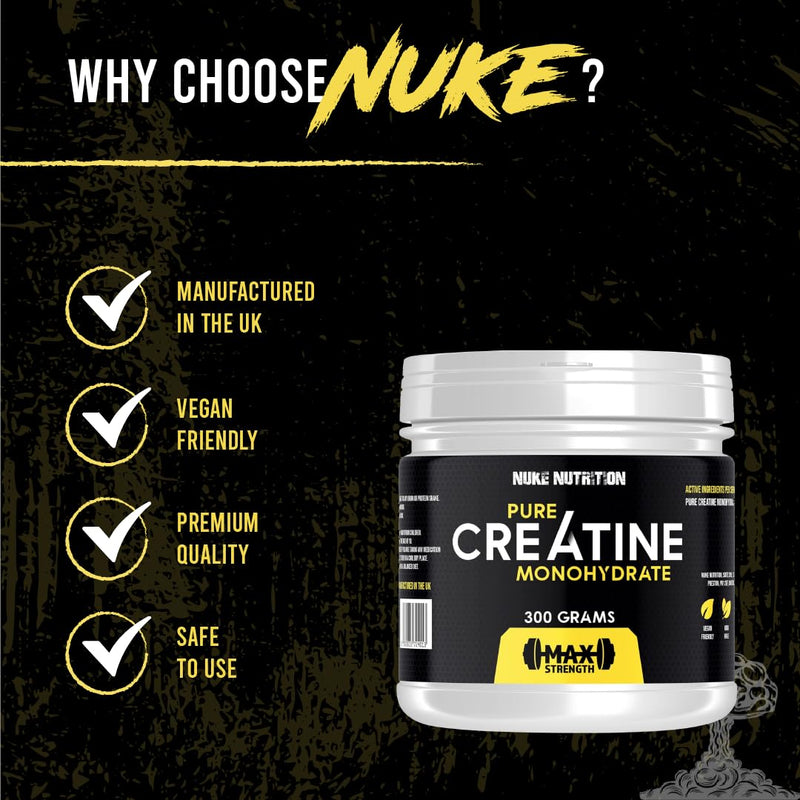 Nuke Nutrition Creatine Monohydrate Powder 300g - Micronised Creatine Powder for Gym Workout - Unflavoured Muscle Building Supplements for Post and Pre-Workout - Improve Performance & Bolster Strength