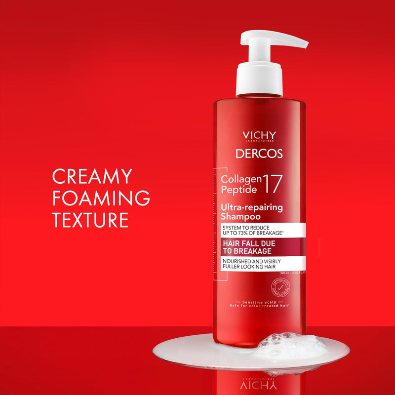 VICHY Dercos Collagen Peptide 17 Ultra-Repairing Shampoo, Anti Hair Fall & Bond Repair for Damaged Weak Hair, Strengthens, Reduces Breakage, Boosts Volume 13.52 Fl Oz (Pack of 1)