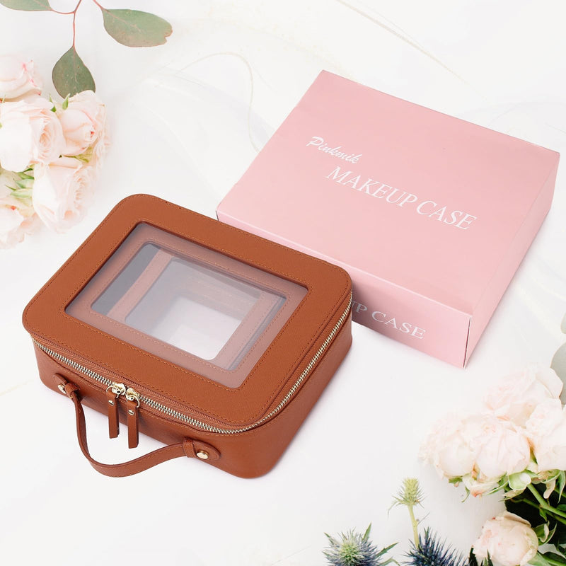Pinkmik Clear Makeup Bag, (Brown, L+M+MINI) | Waterproof, Travel Case for Cosmetics and Toiletries, Women's Purse Organizer, Clear Car Bag with Zipper A5/Brown