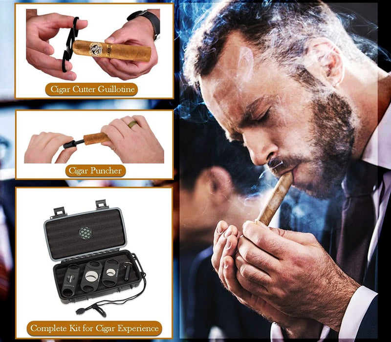 [Australia] - Mantello Cigars Travel Cigar Humidor Case - Cigar Case with 2 Ring, V-Cut & Punch Cutters - Waterproof & Airtight - Holds 5 Cigars- 5-Piece Cigar Accessories Cigar Gifts for Men 5 Piece Set 